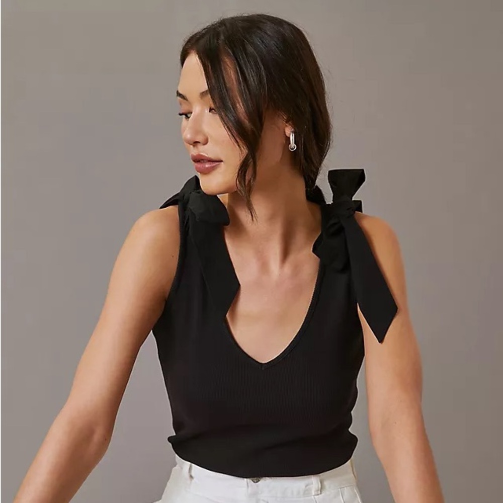 Maeve for Anthropologie Black Ribbed Bow Tie Tank, S